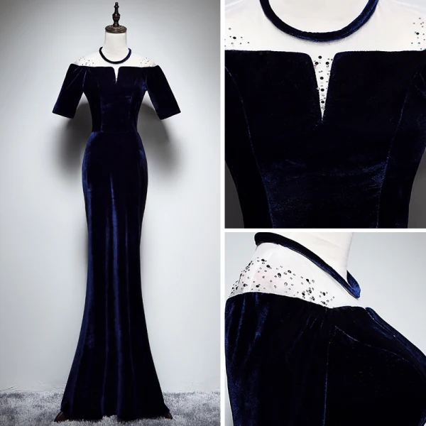 Modern / Fashion Navy Blue Suede Winter Evening Dresses 2018 Trumpet / Mermaid See-through Scoop Neck Short Sleeve Rhinestone Floor-Length / Long Formal Dresses