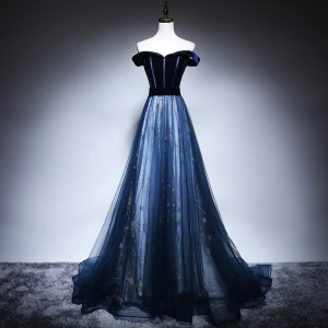Chic Belle Bleu Marine Robe De Soirée 2018 Princesse De L Épaule Manches Courtes Ceinture Étoile Perlage Train De Balayage Volants Dos Nu Robe De Ceremonie