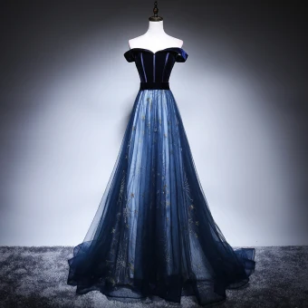 Chic Belle Bleu Marine Robe De Soirée 2018 Princesse De L Épaule Manches Courtes Ceinture Étoile Perlage Train De Balayage Volants Dos Nu Robe De Ceremonie