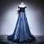 Schöne Marineblau Abendkleider 2018 A Linie Off Shoulder Kurze Ärmel Stoffgürtel Star Perlenstickerei Sweep / Pinsel Zug Rüschen Rückenfreies Festliche Kleider