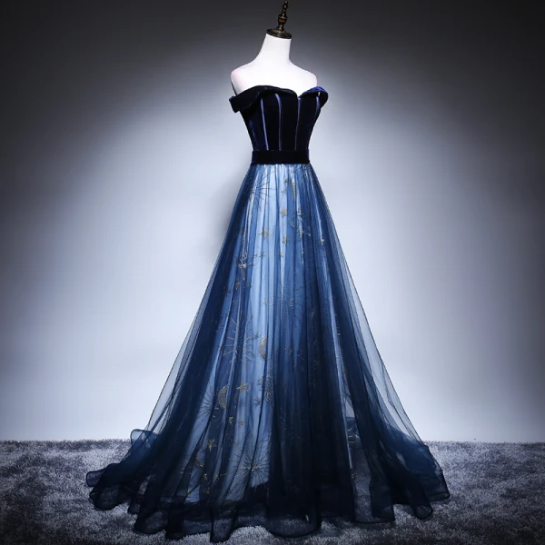 Schöne Marineblau Abendkleider 2018 A Linie Off Shoulder Kurze Ärmel Stoffgürtel Star Perlenstickerei Sweep / Pinsel Zug Rüschen Rückenfreies Festliche Kleider