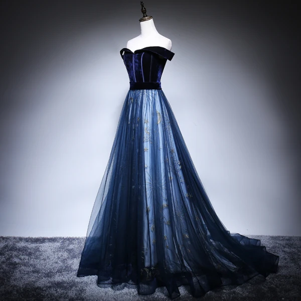 Schöne Marineblau Abendkleider 2018 A Linie Off Shoulder Kurze Ärmel Stoffgürtel Star Perlenstickerei Sweep / Pinsel Zug Rüschen Rückenfreies Festliche Kleider