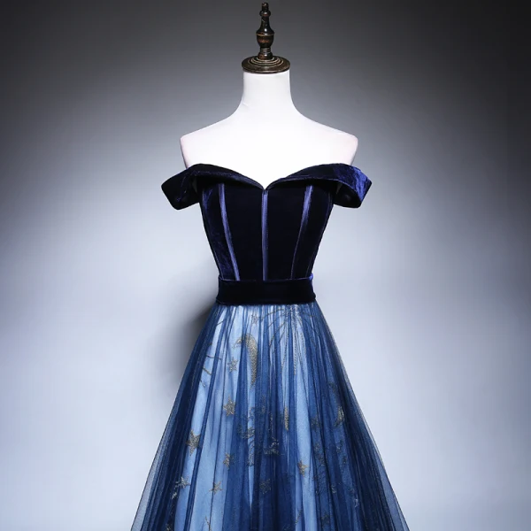 Schöne Marineblau Abendkleider 2018 A Linie Off Shoulder Kurze Ärmel Stoffgürtel Star Perlenstickerei Sweep / Pinsel Zug Rüschen Rückenfreies Festliche Kleider