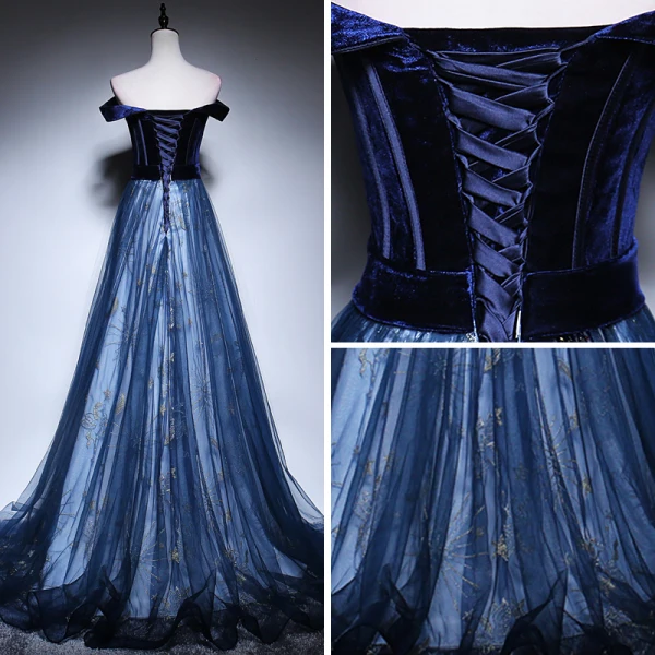 Schöne Marineblau Abendkleider 2018 A Linie Off Shoulder Kurze Ärmel Stoffgürtel Star Perlenstickerei Sweep / Pinsel Zug Rüschen Rückenfreies Festliche Kleider