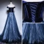 Schöne Marineblau Abendkleider 2018 A Linie Off Shoulder Kurze Ärmel Stoffgürtel Star Perlenstickerei Sweep / Pinsel Zug Rüschen Rückenfreies Festliche Kleider
