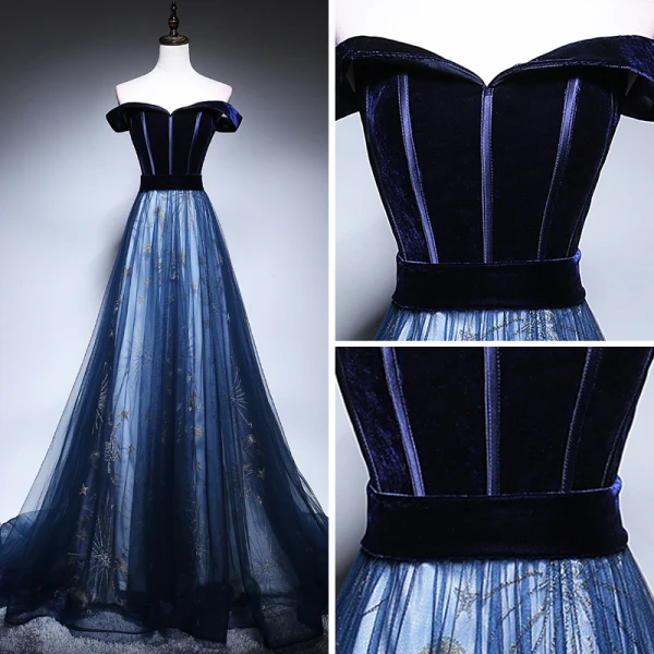 Schöne Marineblau Abendkleider 2018 A Linie Off Shoulder Kurze Ärmel Stoffgürtel Star Perlenstickerei Sweep / Pinsel Zug Rüschen Rückenfreies Festliche Kleider