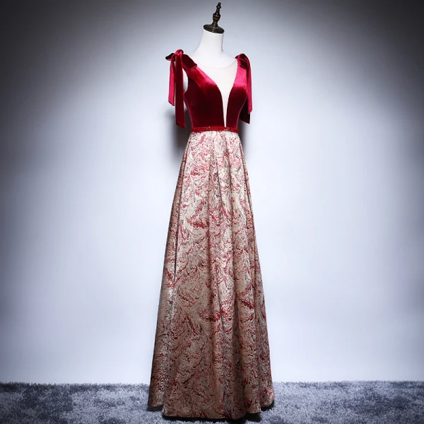 Sexy Burgundy Evening Dresses 2018 A-Line / Princess See-through Scoop Neck Sleeveless Beading Sash Gold Embroidered Floor-Length / Long Ruffle Backless Formal Dresses