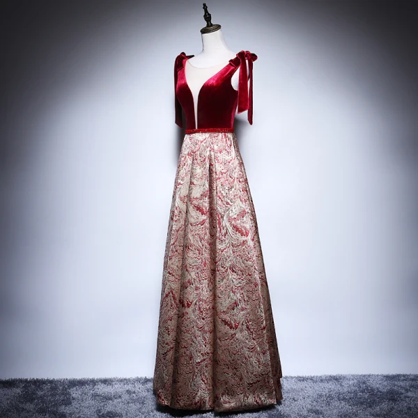 Sexy Burgundy Evening Dresses 2018 A-Line / Princess See-through Scoop Neck Sleeveless Beading Sash Gold Embroidered Floor-Length / Long Ruffle Backless Formal Dresses
