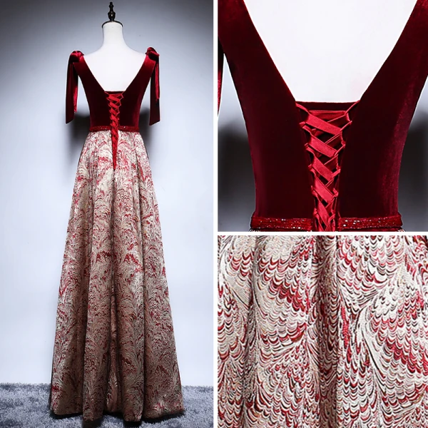 Sexy Burgundy Evening Dresses 2018 A-Line / Princess See-through Scoop Neck Sleeveless Beading Sash Gold Embroidered Floor-Length / Long Ruffle Backless Formal Dresses