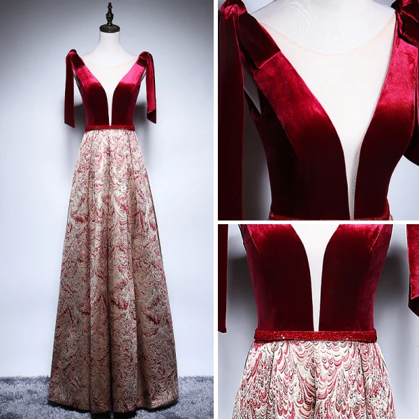 Sexy Burgundy Evening Dresses 2018 A-Line / Princess See-through Scoop Neck Sleeveless Beading Sash Gold Embroidered Floor-Length / Long Ruffle Backless Formal Dresses