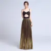 Sexy Black Gold Prom Dresses 2018 A-Line / Princess Spaghetti Straps Sleeveless Sparkly Satin Pleated Floor-Length / Long Backless Formal Dresses