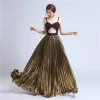 Sexy Black Gold Prom Dresses 2018 A-Line / Princess Spaghetti Straps Sleeveless Sparkly Satin Pleated Floor-Length / Long Backless Formal Dresses