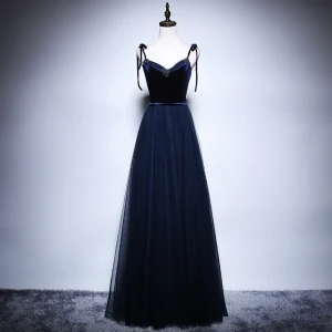 Élégant Bleu Marine Robe De Bal 2018 Princesse Bretelles Spaghetti Sans Manches Ceinture Perlage Longue Volants Dos Nu Bretelles Croisées Robe De Ceremonie
