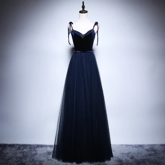 Élégant Bleu Marine Robe De Bal 2018 Princesse Bretelles Spaghetti Sans Manches Ceinture Perlage Longue Volants Dos Nu Bretelles Croisées Robe De Ceremonie