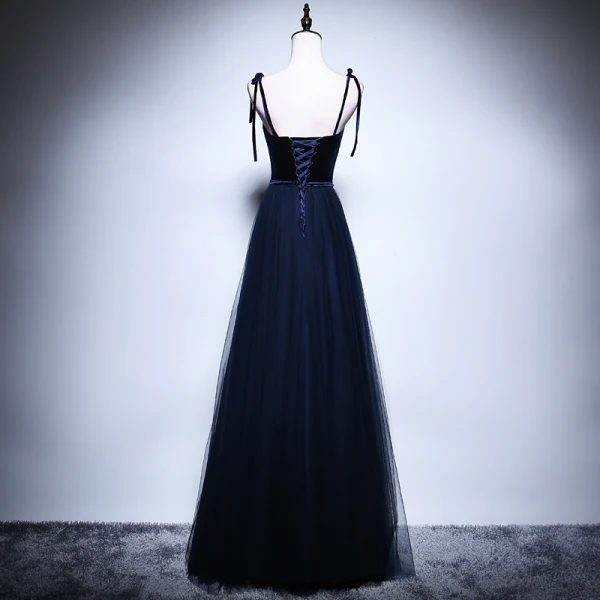 Elegant Navy Blue Prom Dresses 2018 A-Line / Princess Spaghetti Straps Sleeveless Sash Beading Floor-Length / Long Ruffle Backless Crossed Straps Formal Dresses