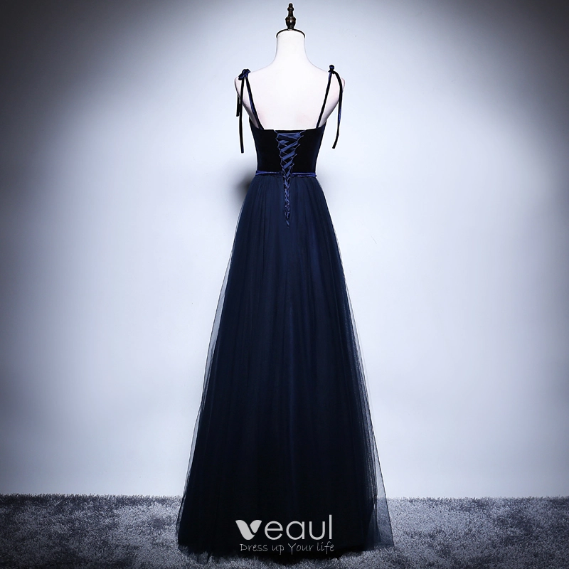 Navy Blue Straps Plunging V Floral Beaded Long Prom Dress,DP08 main image 1