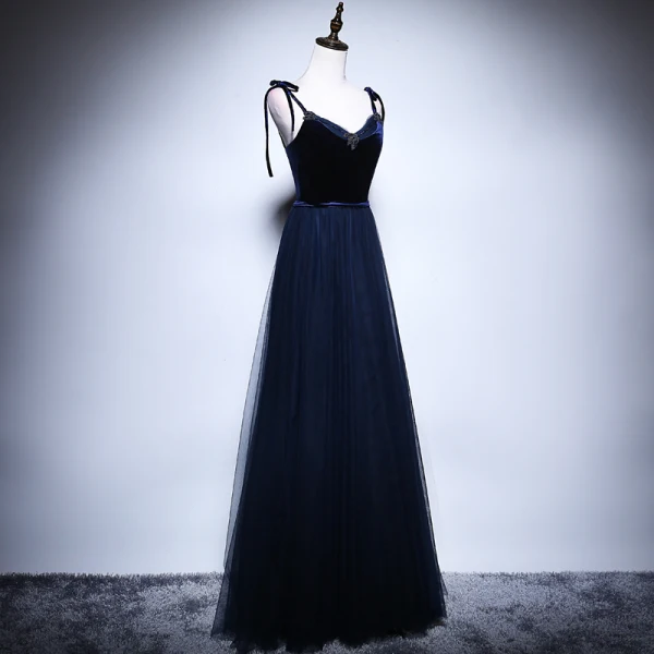 Elegant Navy Blue Prom Dresses 2018 A-Line / Princess Spaghetti Straps Sleeveless Sash Beading Floor-Length / Long Ruffle Backless Crossed Straps Formal Dresses