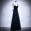 Elegant Navy Blue Prom Dresses 2018 A-Line / Princess Spaghetti Straps Sleeveless Sash Beading Floor-Length / Long Ruffle Backless Crossed Straps Formal Dresses
