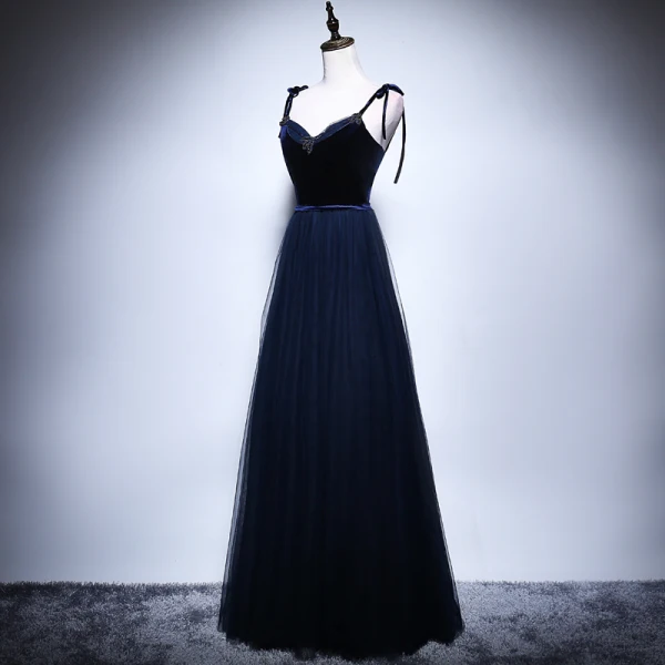 Elegant Navy Blue Prom Dresses 2018 A-Line / Princess Spaghetti Straps Sleeveless Sash Beading Floor-Length / Long Ruffle Backless Crossed Straps Formal Dresses