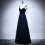 Elegant Navy Blue Prom Dresses 2018 A-Line / Princess Spaghetti Straps Sleeveless Sash Beading Floor-Length / Long Ruffle Backless Crossed Straps Formal Dresses