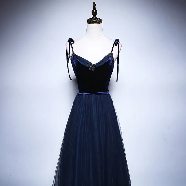 Elegant Navy Blue Prom Dresses 2018 A-Line / Princess Spaghetti Straps Sleeveless Sash Beading Floor-Length / Long Ruffle Backless Crossed Straps Formal Dresses