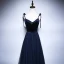 Elegant Navy Blue Prom Dresses 2018 A-Line / Princess Spaghetti Straps Sleeveless Sash Beading Floor-Length / Long Ruffle Backless Crossed Straps Formal Dresses