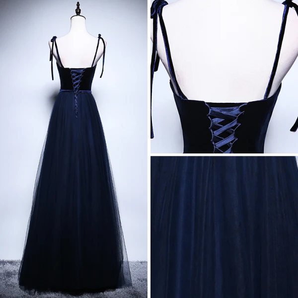 Elegant Navy Blue Prom Dresses 2018 A-Line / Princess Spaghetti Straps Sleeveless Sash Beading Floor-Length / Long Ruffle Backless Crossed Straps Formal Dresses