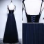 Elegant Navy Blue Prom Dresses 2018 A-Line / Princess Spaghetti Straps Sleeveless Sash Beading Floor-Length / Long Ruffle Backless Crossed Straps Formal Dresses