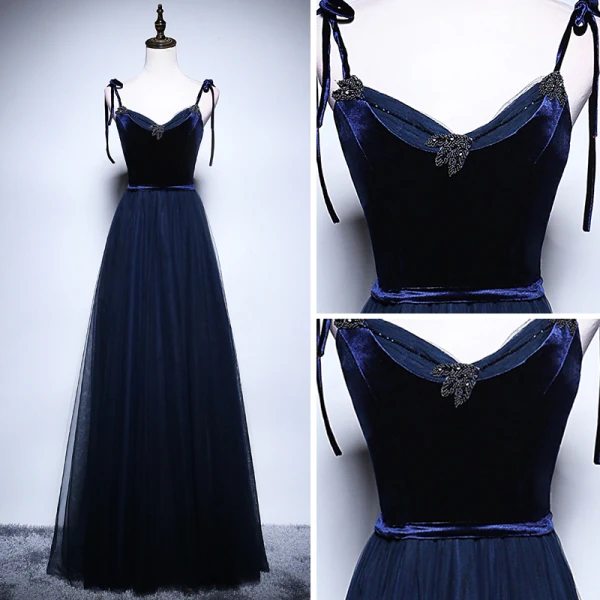 Elegant Navy Blue Prom Dresses 2018 A-Line / Princess Spaghetti Straps Sleeveless Sash Beading Floor-Length / Long Ruffle Backless Crossed Straps Formal Dresses