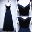 Elegant Navy Blue Prom Dresses 2018 A-Line / Princess Spaghetti Straps Sleeveless Sash Beading Floor-Length / Long Ruffle Backless Crossed Straps Formal Dresses