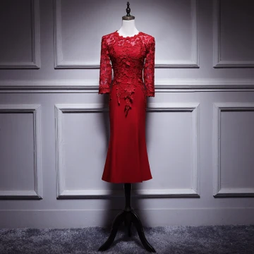 Eleganta Burgundy Brudens Mor Klänning 2019 Urringning 3 4 Ärm Appliqués Pierced Spets Te Längd Ruffle Klänning Till Bröllop