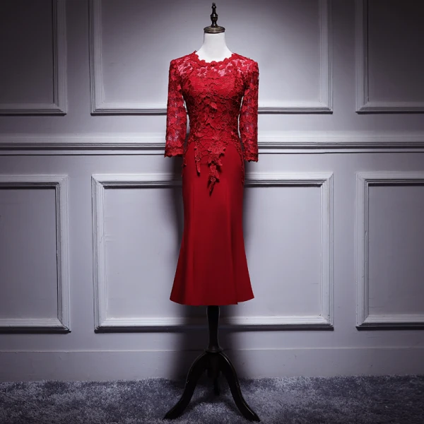 Elegant Burgundy Mother Of The Bride Dresses 2019 Scoop Neck 3/4 Sleeve  Appliques Pierced Lace