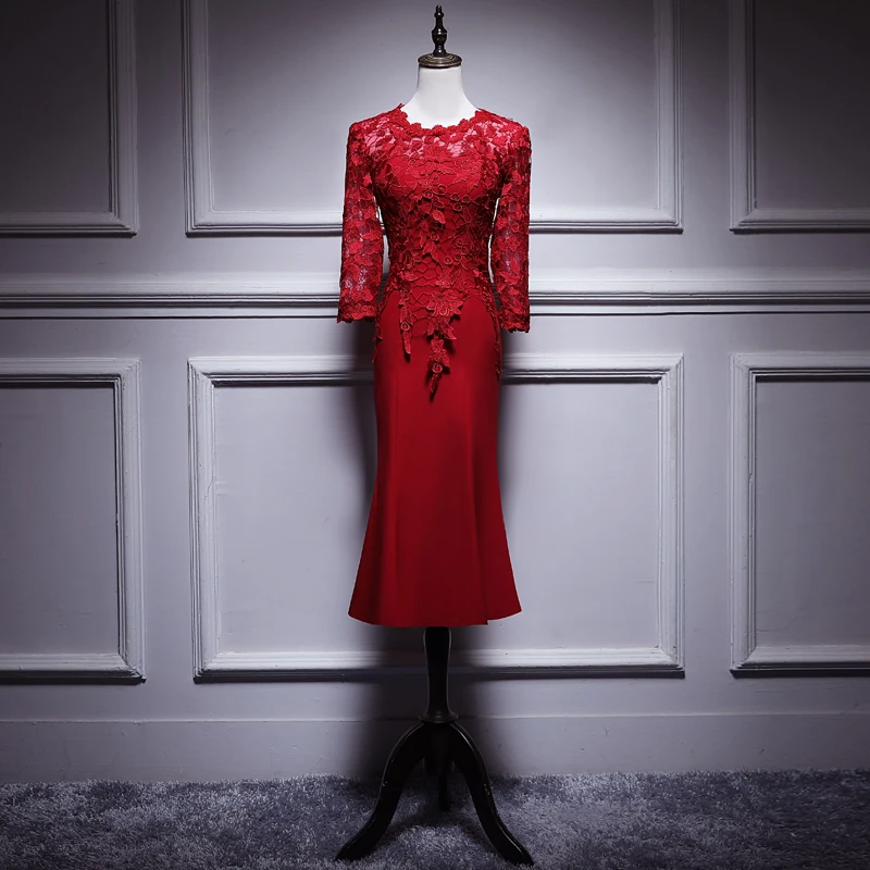 fitted lace wedding dress Wedtrend Women Burgundy Mother of Bride Dress Lace A-Line High Neck Long Sleeves Ruched Formal Dress, Burgundy / US10