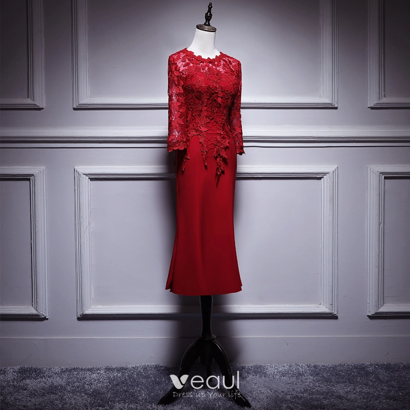Elegant Burgundy Mother Of The Bride Dresses 2019 Scoop Neck 3/4 Sleeve Appliques Pierced Lace Tea-length Ruffle Wedding Party Dresses Elegant Burgundy Mother Of The Bride Dresses 2019 Scoop Neck 3/4 Sleeve Appliques Pierced Lace Tea-length Ruffle Wedding Party Dresses