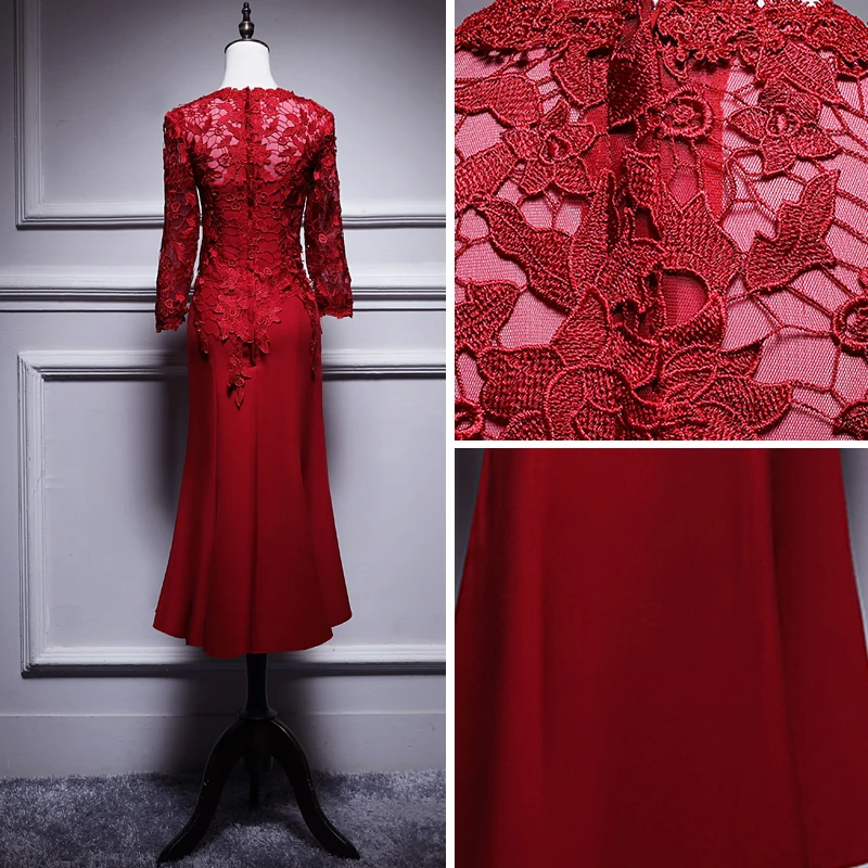 Elegant Burgundy Mother Of The Bride Dresses 2019 Scoop Neck 3 4 Sleeve  Appliques Pierced Lace Tea Length Ruffle Wedding Party Dresses