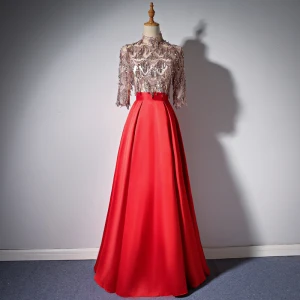 Élégant Rouge Robe De Soirée 2018 Princesse Col Haut 3 4 Manches Perlage Gland Longue Volants Robe De Ceremonie