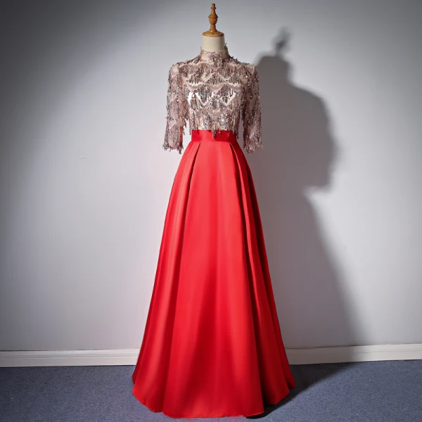 crimson dresses formal Lace Prom Dresses Long V Neck Rose Red Formal Maxi Dress apd3235 main image 0