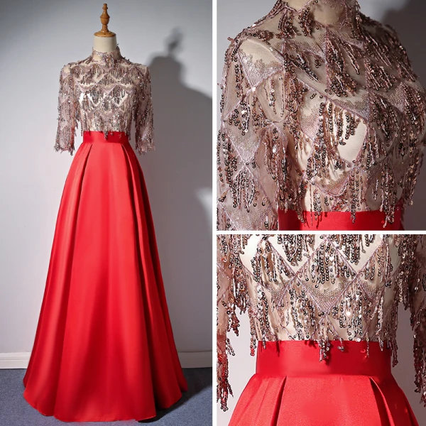 Elegant Red Evening Dresses 2018 A-Line / Princess High Neck 3/4 Sleeve Beading Tassel Floor-Length / Long Ruffle Formal Dresses