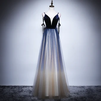 Sexy Bleu Marine Dégradé De Couleur Champagne Robe De Soirée 2018 Princesse Bretelles Spaghetti Sans Manches Longue Volants Dos Nu Robe De Ceremonie