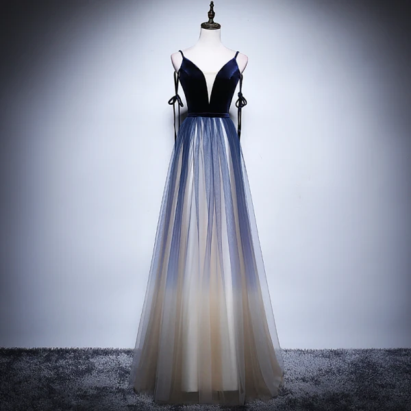 Sexy Navy Blue Gradient-Color Champagne Evening Dresses 2018 A-Line Princess Spaghetti