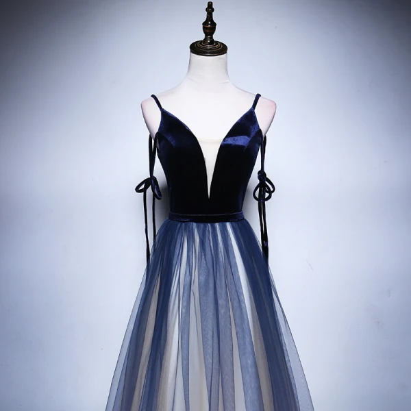 Sexy Bleu Marine Dégradé De Couleur Champagne Robe De Soirée 2018 Princesse Bretelles Spaghetti Sans Manches Longue Volants Dos Nu Robe De Ceremonie