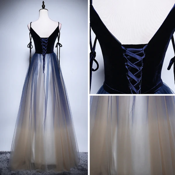 Sexy Bleu Marine Dégradé De Couleur Champagne Robe De Soirée 2018 Princesse Bretelles Spaghetti Sans Manches Longue Volants Dos Nu Robe De Ceremonie