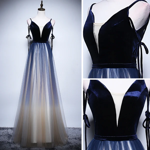 Sexy Bleu Marine Dégradé De Couleur Champagne Robe De Soirée 2018 Princesse Bretelles Spaghetti Sans Manches Longue Volants Dos Nu Robe De Ceremonie