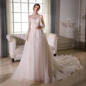 Élégant Champagne Transparentes Robe De Mariée 2018 Princesse Encolure Dégagée Gonflée 3 4 Manches Dos Nu Appliques En Dentelle Perlage Cathedral Train Volants
