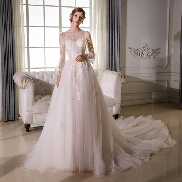 Élégant Champagne Transparentes Robe De Mariée 2018 Princesse Encolure Dégagée Gonflée 3/4 Manches Dos Nu Appliques En Dentelle Perlage Cathedral Train Volants