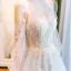 Élégant Champagne Transparentes Robe De Mariée 2018 Princesse Encolure Dégagée Gonflée 3/4 Manches Dos Nu Appliques En Dentelle Perlage Cathedral Train Volants