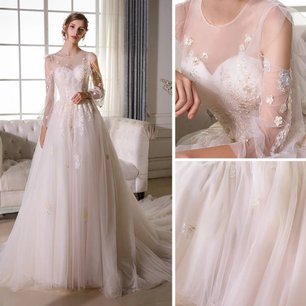 Élégant Champagne Transparentes Robe De Mariée 2018 Princesse Encolure Dégagée Gonflée 3/4 Manches Dos Nu Appliques En Dentelle Perlage Cathedral Train Volants