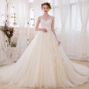 Romantic Champagne See Through Wedding Dresses 2018 Ball Gown Scoop Neck Sleeveless Backless Appliques Lace Glitter Beading Cathedral Train Ruffle