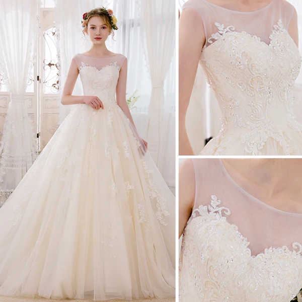 Romantique Champagne Transparentes Robe De Mariée 2018 Robe Boule Encolure Dégagée Sans Manches Dos Nu Appliques En Dentelle Glitter Perlage Cathedral Train Volants