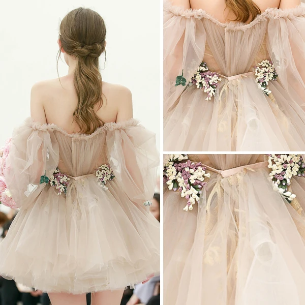 Mode Champagner Sommer Partykleider 2019 A Linie Off Shoulder Geschwollenes 1/2 Ärmel Applikationen Blumen Stoffgürtel Kurze Rüschen Rückenfreies Festliche Kleider